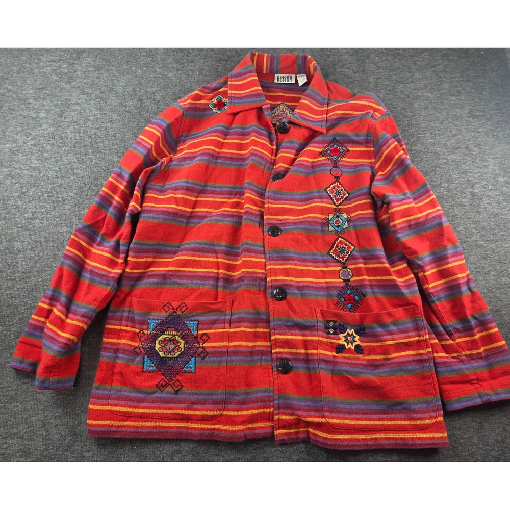 Chico's Design Jacket Women M 1 Red Striped Embroidered Southwestern Boho Cotton